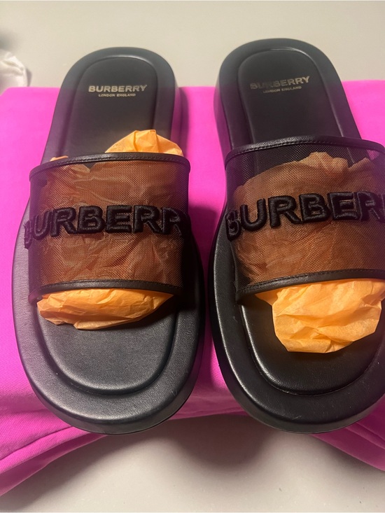 Burberry Shoes - AUTHENTIC BURBERRY Black Mesh Logo Slide Sandal.